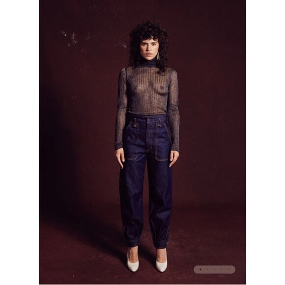 Ace Harper High-Waisted Dark Blue Denim Jeans With Tapered Legs & Buttoned Cuffs - Picture 1 of 13